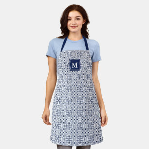 Chic Navy & White Moroccan Tile Pattern Monogram Apron