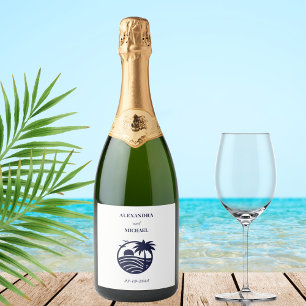 Chic Navy White Palm Tree Coastal Wedding Sparkling Wine Label