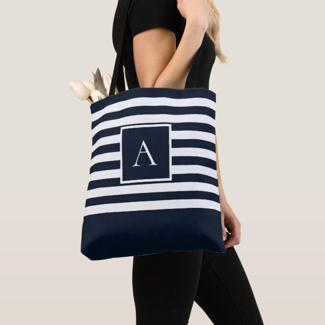 CHIC NAVY WHITE STRIPE Square Letter Monogram Tote Bag (Close Up)