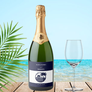 Chic Navy White Stripes Palm Tree Coastal Wedding Sparkling Wine Label