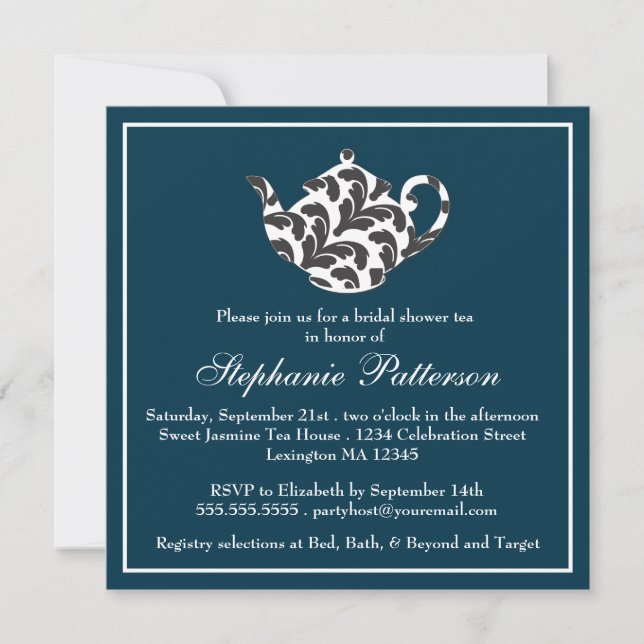 Chic Navy & White w Damask Bridal Shower Tea Party Invitation (Front)