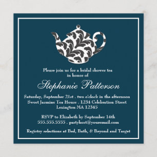 Chic Navy & White w Damask Bridal Shower Tea Party Invitation