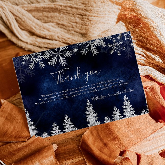 Chic Navy Winter silver snow pine wedding Thank You Card (Chic Navy Winter silver snow pine wedding Thank You Card)