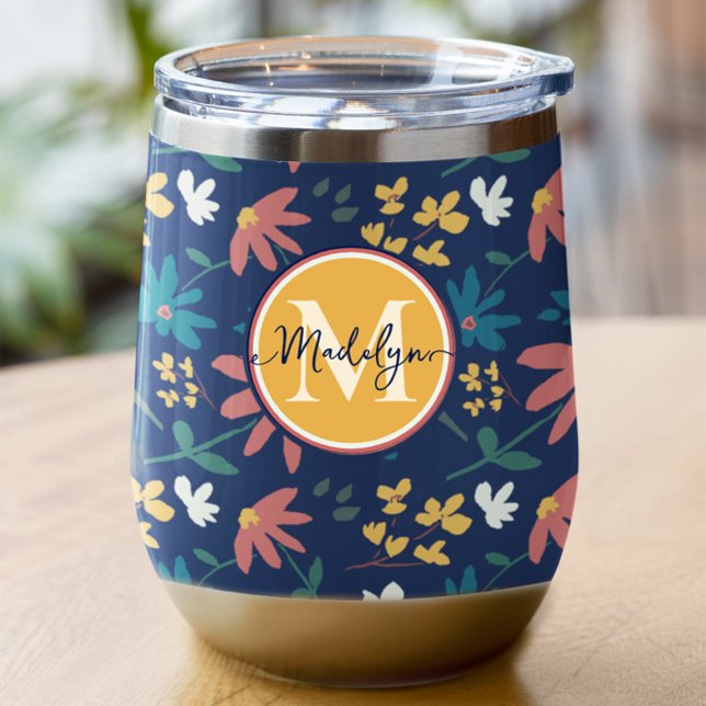 Chic Navy Yellow Monogram Floral Pattern Custom (Monogram navy blue with colorful floral pattern wine tumbler.)