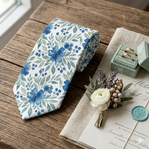 Chic Neck Tie With Blue And Sage Green Floral Art
