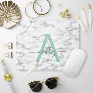 Chic Neo Mint White Marble Script Name Monogram Mouse Mat
