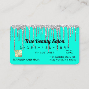 Chic Neon Aqua Silver Glitter Drips Credit Business Card