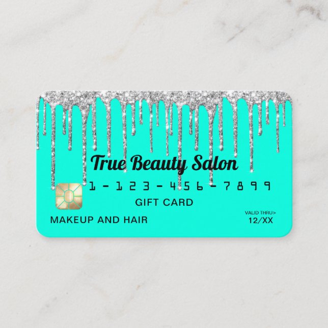 Chic Neon Aqua Silver Glitter Drips Gift Credit Business Card (Front)