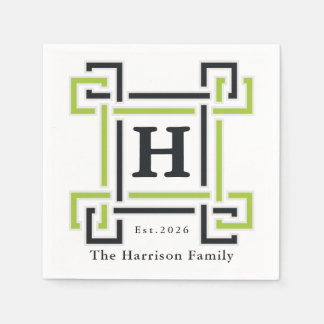 Chic Neon Citrus Green Black Monogram Family Name Napkin