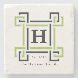Chic Neon Citrus Green Black Monogram Family Name Stone Coaster