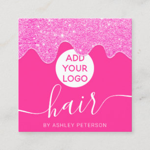 Chic neon pink glitter drips blush girly hair logo square business card