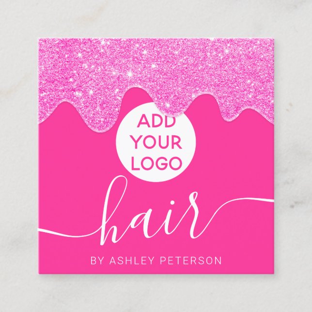 Chic neon pink glitter drips blush girly hair logo square business card (Front)