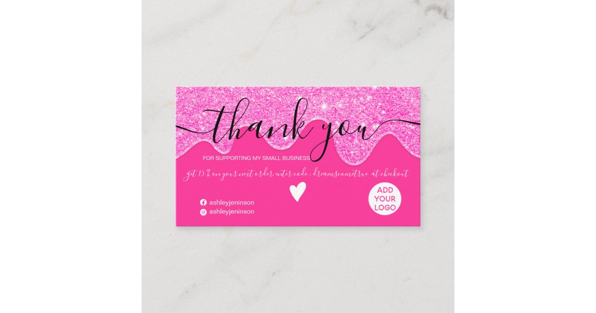 Chic neon pink glitter drips blush order thank you business card | Zazzle