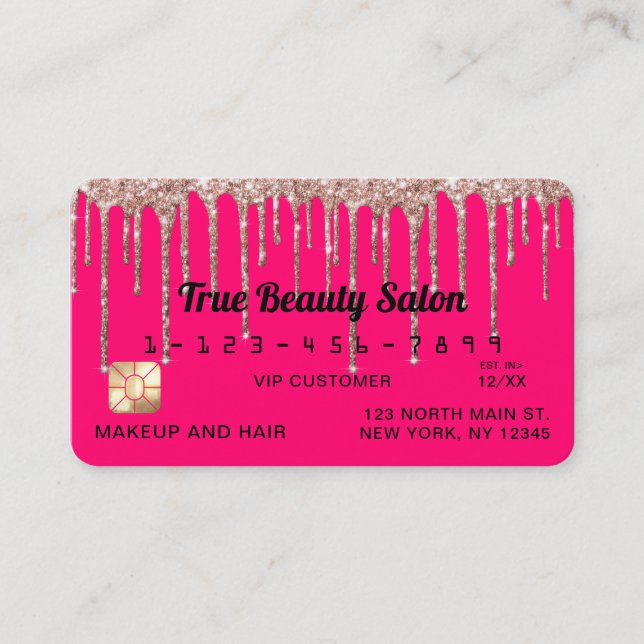 Chic Neon Pink Rose Gold Glitter Drips Credit Business Card (Front)