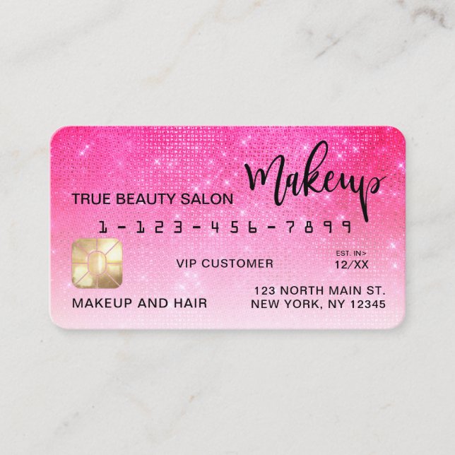 Chic Neon Pink Sequin Glitter Credit Card Makeup (Front)