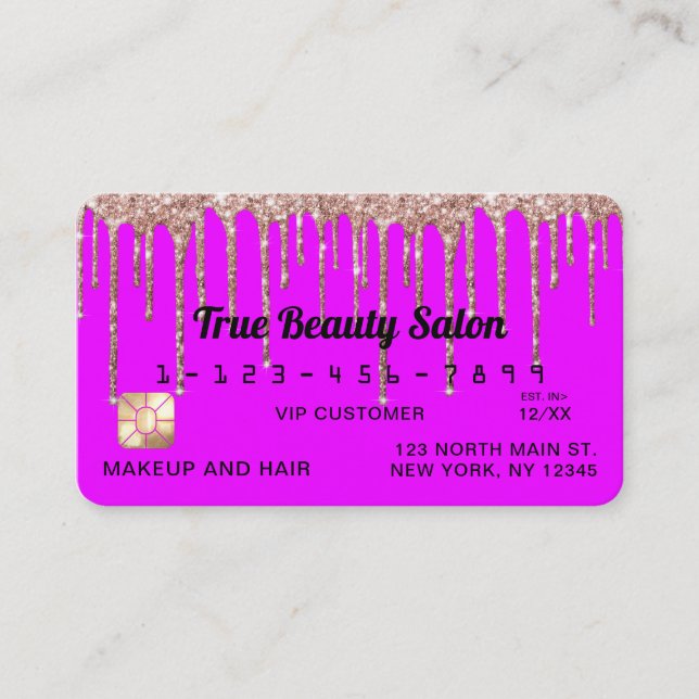 Chic Neon Purple Rose Gold Glitter Drips Credit Business Card (Front)