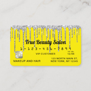 Chic Neon Yellow Silver Glitter Drips Credit Business Card