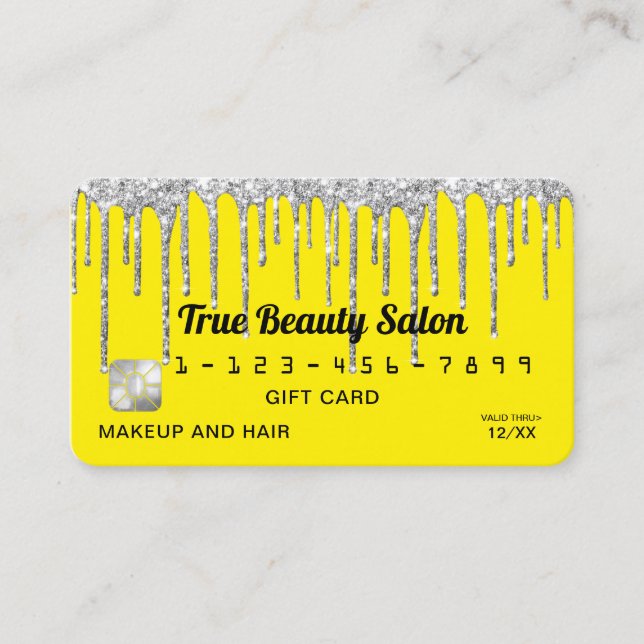 Chic Neon Yellow Silver Glitter Drips Gift Credit Business Card (Front)
