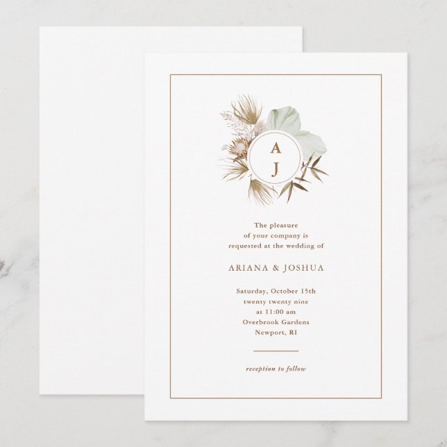 Chic Neutral Boho Monogram Wreath Wedding Invitation (Front/Back)