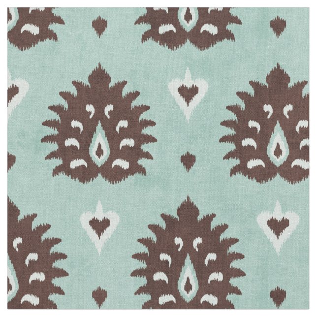 Chic neutral brown mint damask ikat pattern fabric (Close Up)
