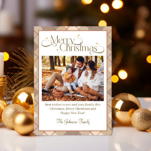 Chic Neutral Brown Plaid Family Photo Christmas Holiday Card