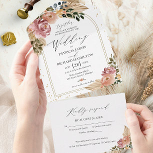 Chic Neutral Colours Boho Floral Wedding All In One Invitation