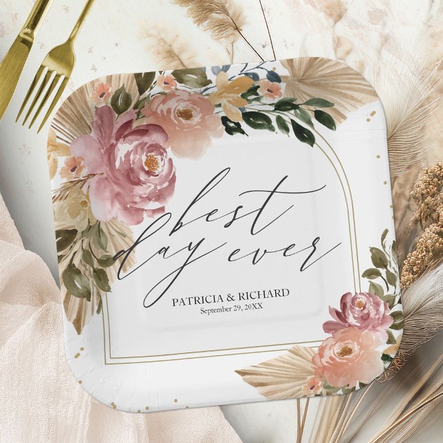 Chic Neutral Colours Boho Floral Wedding Paper Plate (Creator Uploaded)