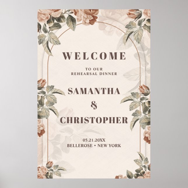 Chic neutral earthy tones roses rehearsal dinner poster (Front)