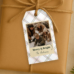 Chic Neutral Plaid Photo Merry & Bright Christmas Gift Tags