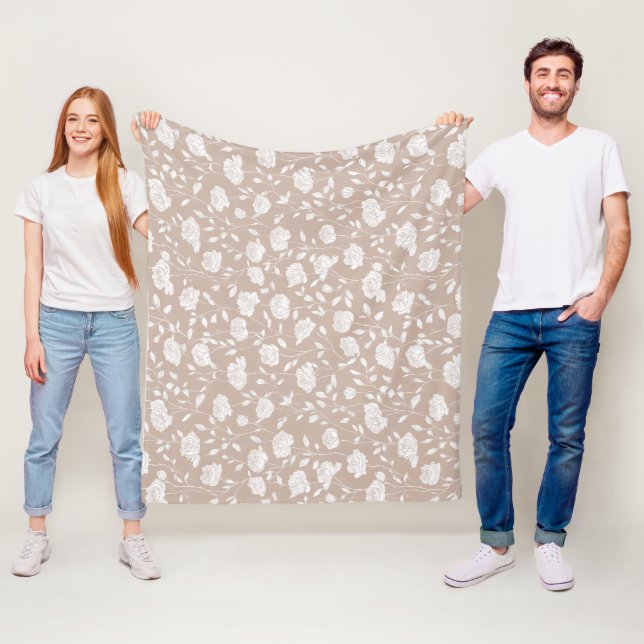 Chic Neutral Rose White Floral Pattern Fleece Blanket (In Situ)