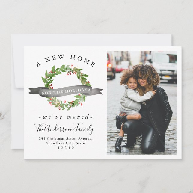 Chic New Home For the Holidays Wreath Photo Moving Announcement (Front)