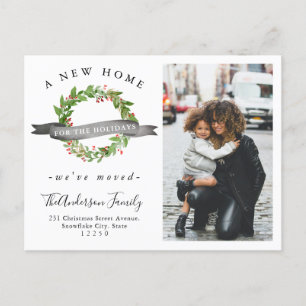 Chic New Home For the Holidays Wreath Photo Moving Announcement Postcard