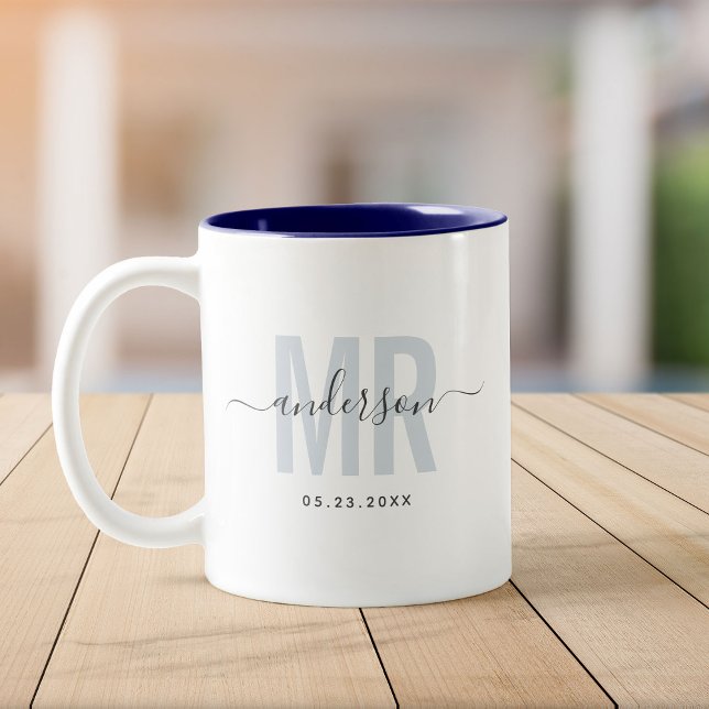 Chic New MR Custom Name Wedding Date Blue Two-Tone Coffee Mug (Creator Uploaded)