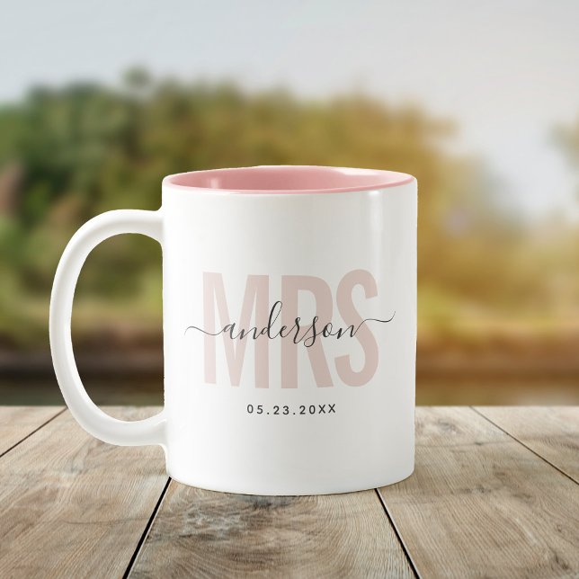 Chic New MRS Custom Name Wedding Date Blush Two-Tone Coffee Mug (Creator Uploaded)