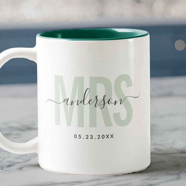 Chic New MRS Custom Name Wedding Date Sage Green Two-Tone Coffee Mug (Creator Uploaded)