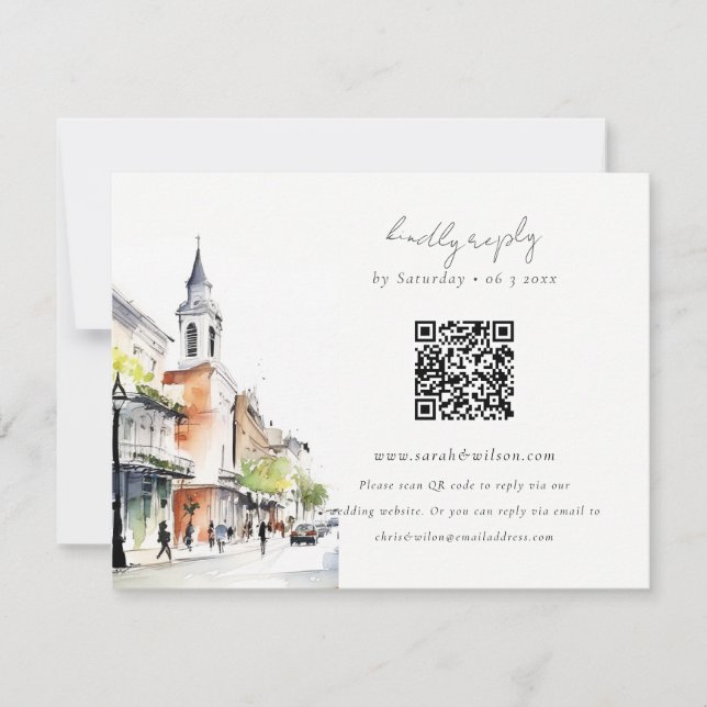 Chic New Orleans Louisiana QR Code Wedding RSVP Card (Front)