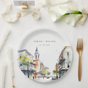 Chic New Orleans Louisiana Watercolor Wedding Paper Plate