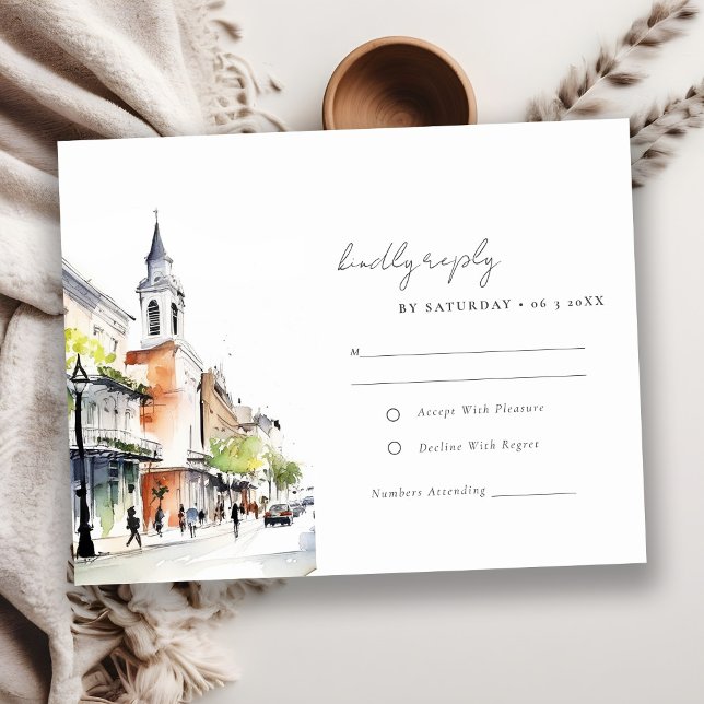 Chic New Orleans Louisiana Watercolor Wedding RSVP Card (Creator Uploaded)