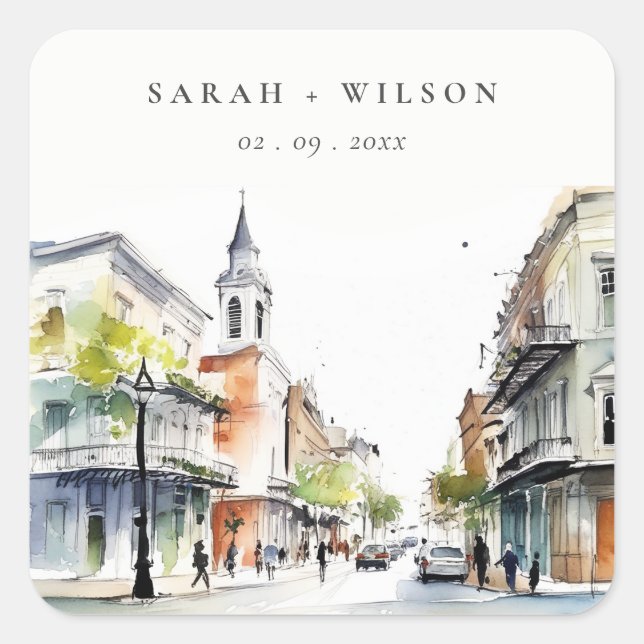 Chic New Orleans Louisiana Watercolor Wedding Square Sticker (Front)