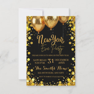 Chic New Year' Eve Party Gold Glitter Black  Invitation