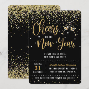 Chic New Year's Eve Party Black Gold Glitter Invit Invitation