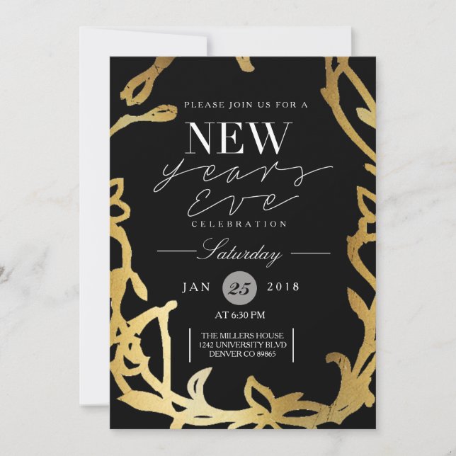 Chic New Years Eve Party | Gold Floral Invitation (Front)