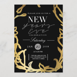 Chic New Years Eve Party   Gold Floral Invitation