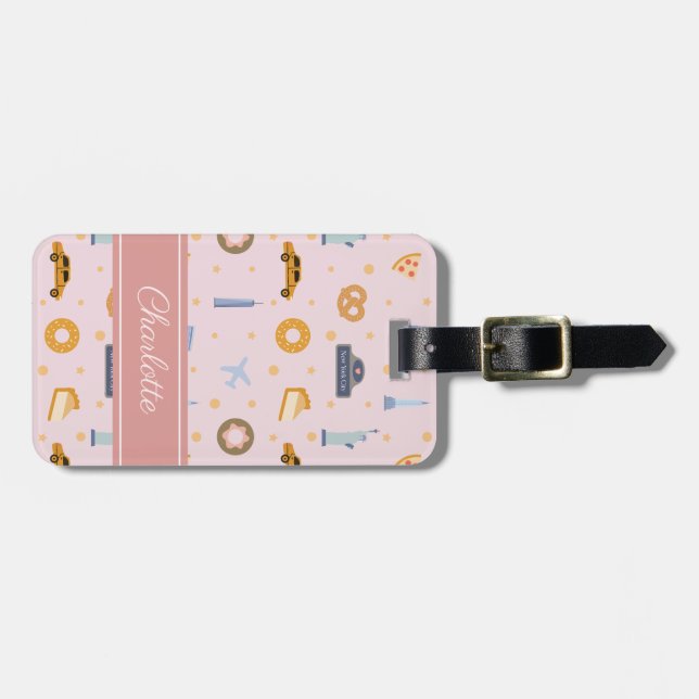 Chic New York City Pattern Pink Custom Name Luggage Tag (Front Horizontal)