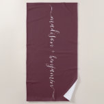 Chic Newlywed Monogram Names Burgundy Beach Towel<br><div class="desc">Chic burgundy monogrammed beach towel with the names of the newly weds in handwritten white elegant script calligraphy. Simply add your names. Perfect gift for the newlywed couple or engaged couple. Exclusively designed for you by Happy Dolphin Studio. If you need any help or matching products, please contact us a...</div>