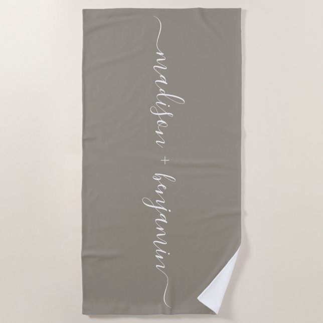 Chic Newlywed Monogram Names Grey Beach Towel (Front)