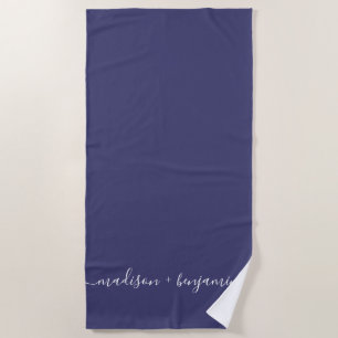 Chic Newlywed Monogram Names Navy Blue Beach Towel