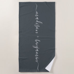 Chic Newlywed Monogram Names Off-Black Beach Towel