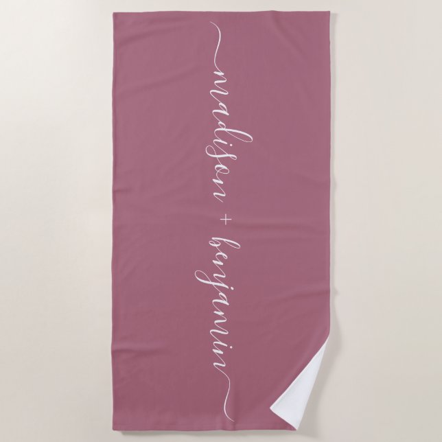 Chic Newlywed Monogram Names Purple Beach Towel (Front)