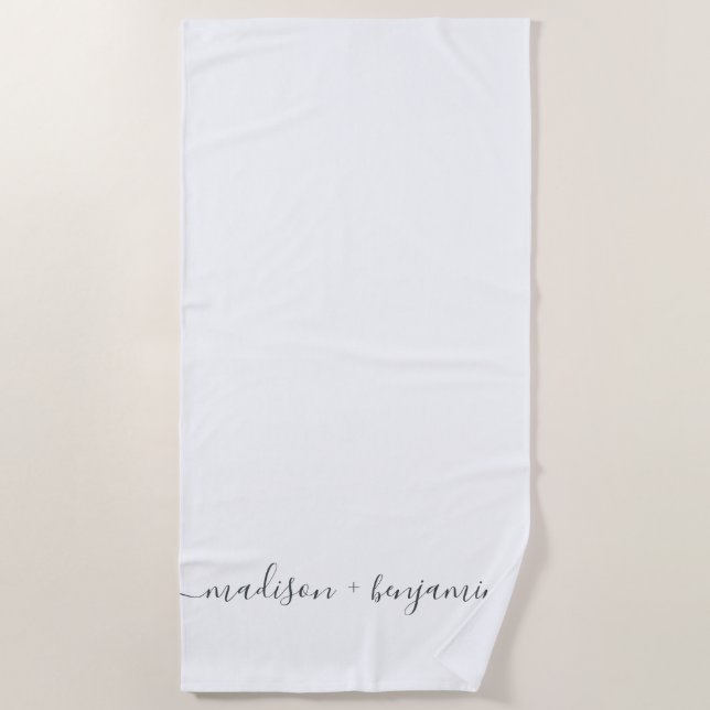 Chic Newlywed Monogram Names White Beach Towel (Front)